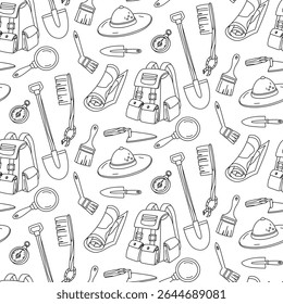 Motif des gribouillages d'un archéologue. Éléments de travail, historique de fouille. Les brosses, la carte, la pelle, la boussole, le chapeau et le sac à dos sont faits de tissu harmonieux. pour affiches, livres, articles scientifiques