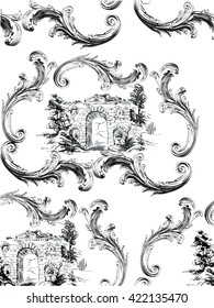 Pattern with architecture of old arch in baroque frames in toile de jouy style black and white