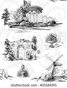 Pattern with architecture in the old park in toile de jouy style with baroque swirls in black and white
