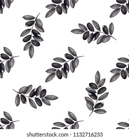 Pattern of argan branches on white background. black and white