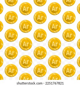 Pattern of Ariary Madagascar currency on transparent background with mini doodle (icons) and gold color. Vector Illustration