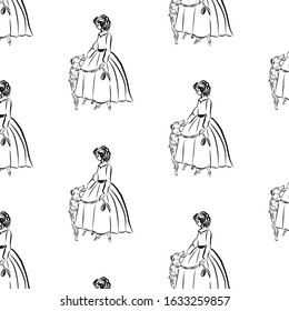 Pattern with aristocratic lady with dog. Woman dressed in elegant clothes in vintage style. People from a different era.