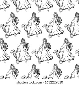 Pattern with aristocratic lady walks with dogs. Woman dressed in elegant clothes in vintage style. People from a different era.