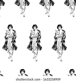 Pattern with aristocratic lady walks with dogs. Woman dressed in elegant clothes in vintage style. People from a different era.