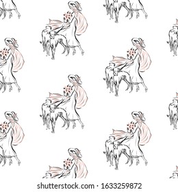 Pattern with aristocratic lady walks with dogs. Woman dressed in elegant clothes in vintage style. People from a different era.