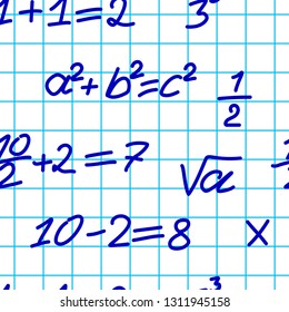 The pattern of arithmetic examples and signs on the notebook sheet.