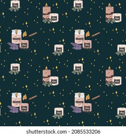 A pattern with aroma candles and fire. Aromatherapy at your home, self-care, relaxation. Textiles with home spa treatments. Vector illustration
