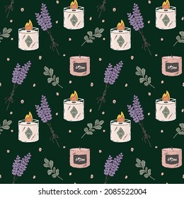 A pattern with aroma candles and lavender flowers. Beautiful background of self-care, relaxation, aromatherapy, spa. Textiles for women scented candles. Vector illustration