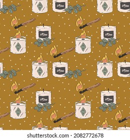 A pattern with aroma candles on gold. Aromatherapy at your home, self-care. Textiles with a home relaxing bath backing. Vector illustration