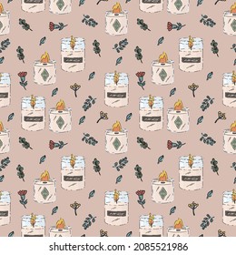 A pattern with aroma candles on a light background. Beautiful background, aromatherapy, spa. Women's substrate scented candles, organic, natural. Vector illustration