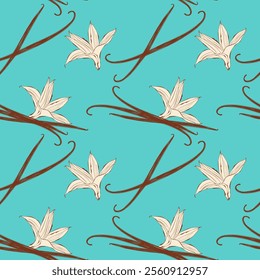 Pattern with aromatic spices Vanilla, flowers and vanilla sticks on bright blue background. Vector illustration