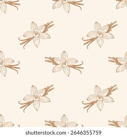 Padrão com especiarias aromáticas Flores de baunilha e feijão de baunilha. Desenho de contorno dourado sobre fundo de creme.