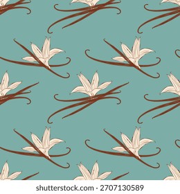 Padrão com especiarias aromáticas Baunilha, flores e varas de baunilha sobre fundo azul pastel macio.