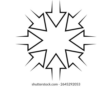 Pattern of arrows from black lines on a white background that converge in the center. Navigation design element, Direction indicator. Vector background. Star, circle, Epicenter