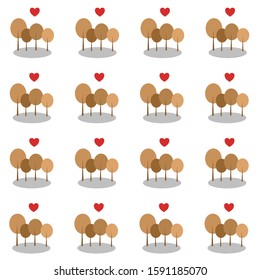 Pattern art with 4 trees in autumn brow leaf and red heart above them cute flat style design style.