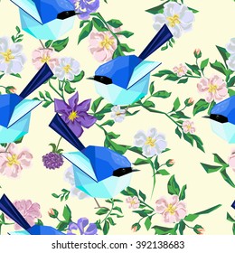 Pattern art background illustration vector, vector illustration. cute bird, beautiful pattern. seamless. Seamless vector vintage pattern with bird, bouquet flowers on a blue background.