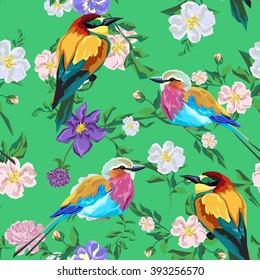 Pattern art background illustration vector, vector illustration. cute bird, beautiful pattern. seamless. Seamless vector vintage pattern with bird, bouquet flowers on a green background.