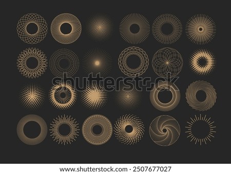 Pattern Art Deco. Line circles. Round ornament. Logo design. Abstract geometric frame. Gold concentric sign. Decor background. Sun illusion. Dotted halftone. Modern geometry elements. Vector icons set