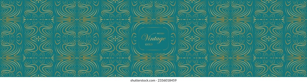 Pattern art deco, Art nuvo golden turquoise elegant. Pattern vintage seamless luxury gold oriental in turquoise background, Pattern wallpaper background. Vintage decorative Art deco curve elements.