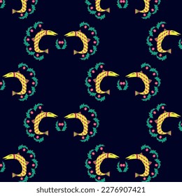 Pattern art. Fish and flowers. Abstraction. Textile factory for fabric. Dress style. Summer jacket.