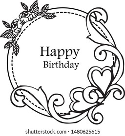 Pattern art flower frame, design elegant, branches leaves, for greeting card happy birthday. Vector