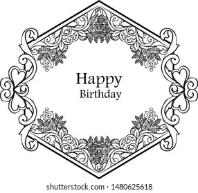 Pattern art flower frame, design elegant, branches leaves, for greeting card happy birthday. Vector