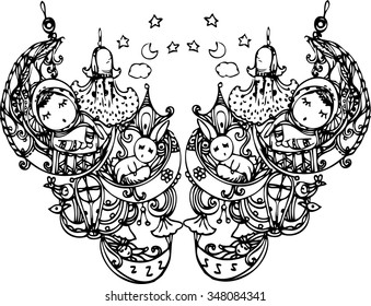 pattern art of imagination baby sleep in line art for card