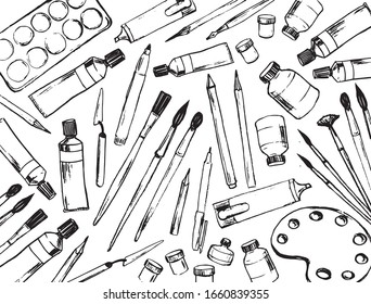 Pattern art materials. Brushes, artist's palette, pencils, markers, pens, tubes, paints, watercolor elements