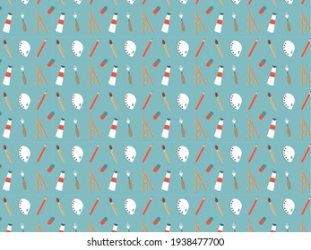 Patrón con material de arte: brochas, borradores, caballete, paleta, lápiz. Imagen vectorial en formato eps.