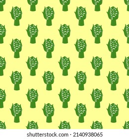 Pattern with artichokes. Stylized vector illustration on a yellow background. For packaging, fabric, textiles, prints, baby clothes, stationery and scrapbooking.