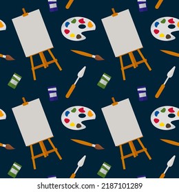 Un patrón de herramientas artísticas de dibujo. Ilustración acuarela, pinceles, caballete. Antecedentes de materiales artísticos. Ilustración del vector