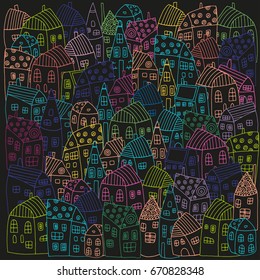 Pattern with artistically Colored houses. Neon colors on a black background. Street background in vector. Doodle style.