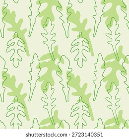 Silhuetas de Arugula padrão e folhas de contorno, verduras folhosas. Microverde. No fundo verde claro. Ilustração vetorial