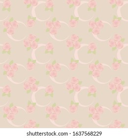 Pattern of ashen pink roses a light crescent and green leaves against a background of pastel colors vector seamless.