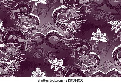 Pattern of asian dragon and flowers. Suitable for fabric, wrapping paper and the like 