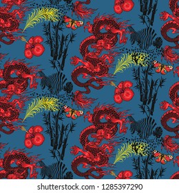 Pattern of asian dragon and flowers. Vector illustration. Suitable for fabric, wrapping paper and the like