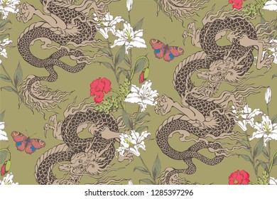 Pattern of asian dragon and flowers. Vector illustration. Suitable for fabric, wrapping paper and the like