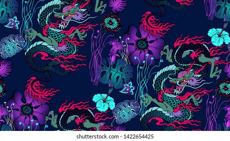 Pattern of asian dragon and flowers. Vector illustration. Suitable for fabric, wrapping paper and the like