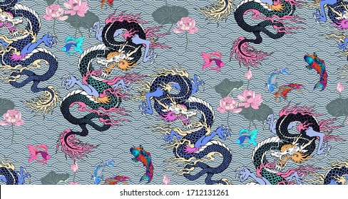 Pattern of asian dragon and flowers. Vector illustration. Suitable for fabric, wrapping paper and the like