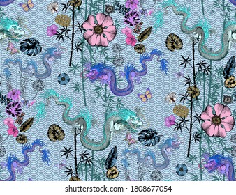 Pattern of asian dragon and flowers. Vector illustration. Suitable for fabric, mural, wrapping paper and the like
