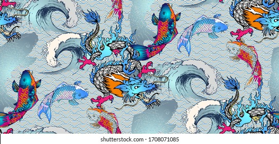 Pattern of asian dragon and japanese fish. Vector illustration. Suitable for fabric, wrapping paper and the like