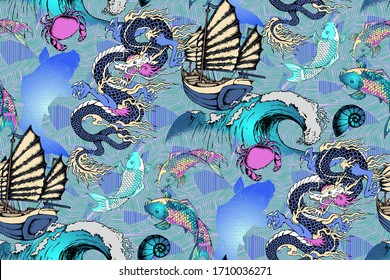 Pattern of asian dragon and japanese fish. Vector illustration. Suitable for fabric, wrapping paper and the like