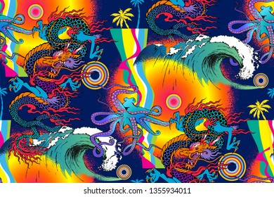 Pattern of asian dragon, octopus and sea voyages. Vector illustration. Suitable for fabric, wrapping paper and the like