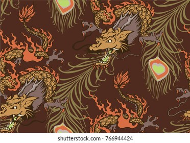 Pattern of asian dragon and peacock feather. Vector illustration