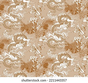 Pattern of asian dragon. In style Toile de Jou. Suitable for fabric, wrapping paper and the like