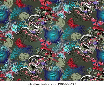 Pattern of asian dragon. Vector illustration. Suitable for fabric, wrapping paper and the like