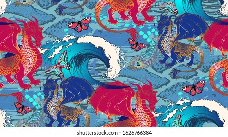 Pattern of asian dragon. Vector illustration. Suitable for fabric, wrapping paper and the like