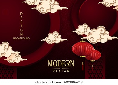 Pattern with Asian lanterns on pendants and clouds paper art style.