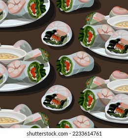 Pattern of Asian spring rolls with shrimp on a plate with decoration. Seamless pattern for printing on textiles and paper. Kitchen illustration. Banner, flyer.
