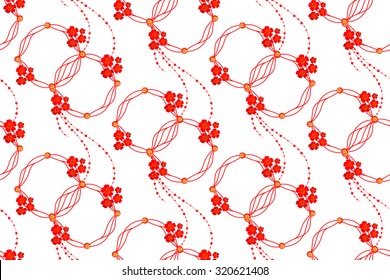 The pattern in the Asian style with red sakura flowers and yellow beads on white background. It can be used for fabric.